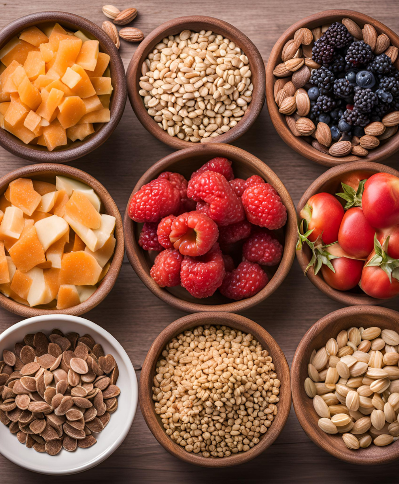 High fiber foods in wooden bowls including raspberries, nuts, seeds, and other fruit