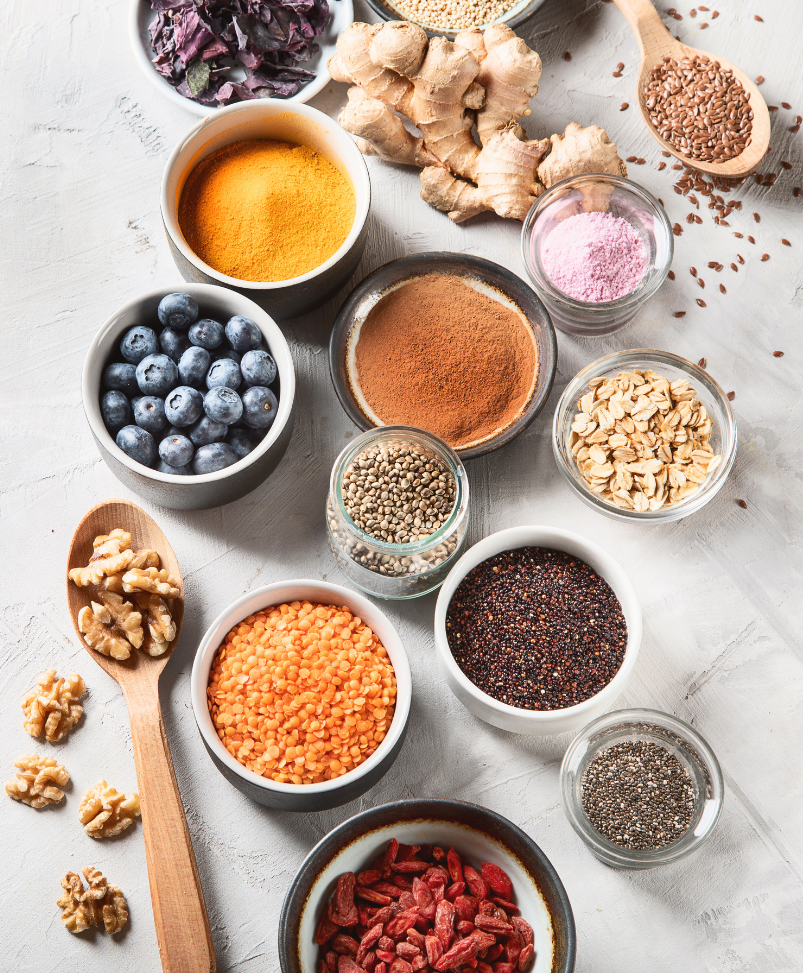 Superfoods including whole grains, fruit, nuts, and seeds